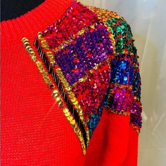 Vintage Celina Yang Red Sequin Shoulder Sweater Size 2X - Picture 2 of 4